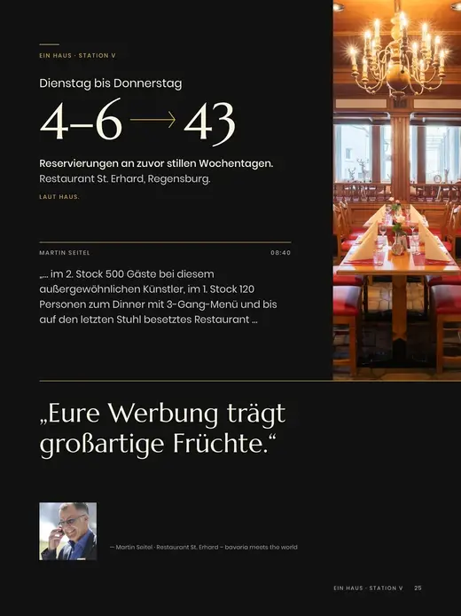 Heftseite 25: Restaurant St. Erhard, Dienstag bis Donnerstag 4–6 → 43 Reservierungen