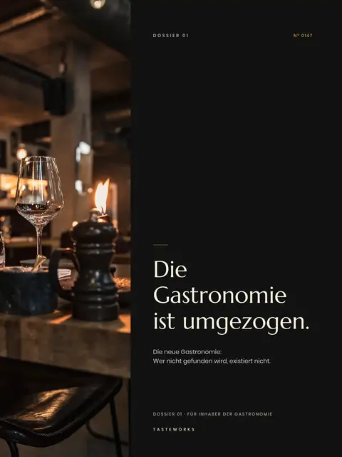 Titelseite des Hefts „Die Gastronomie ist umgezogen.“, Dossier 01 von TasteWorks
